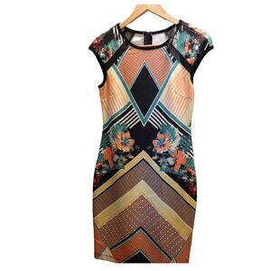 BISOU BISOU PATTERNED BODYCON DRESS WITH LAC DETAIL AT SHOU LDER